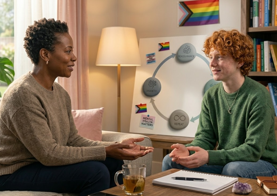 Therapist supporting client with relationship anxiety and reassurance patterns in a calm setting