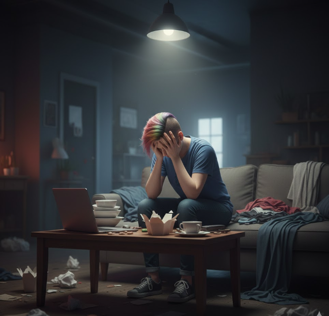 A close-up illustration of the queer person sitting on a floor in a dimly lit living room, slumped forward with their head deeply buried in their hands, symbolizing a moment of complete emotional exhaustion, burnout, and reaching a breaking point.