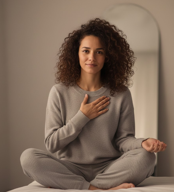 A person sitting peacefully by a window with a gentle, relaxed expression. Their shoulders are down, their hands are resting loosely in their lap, and they are looking out at a soft sunset, reflecting a state of calm and emotional softening.