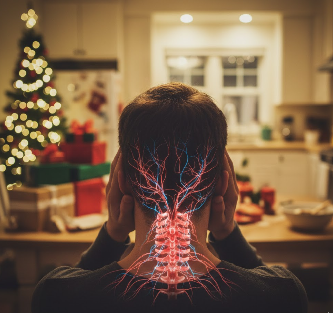Person sitting with their hands on their head during the holidays, with an illustrated overlay of the nervous system glowing across their neck and spine.