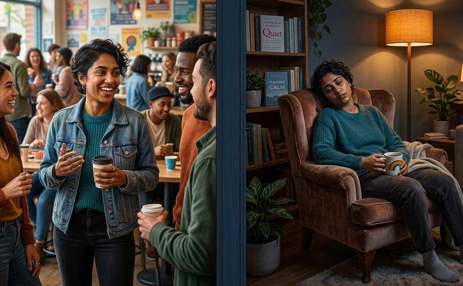 Split image of a person alert in a social setting and then exhausted at home, representing nervous system activation and fatigue after socializing