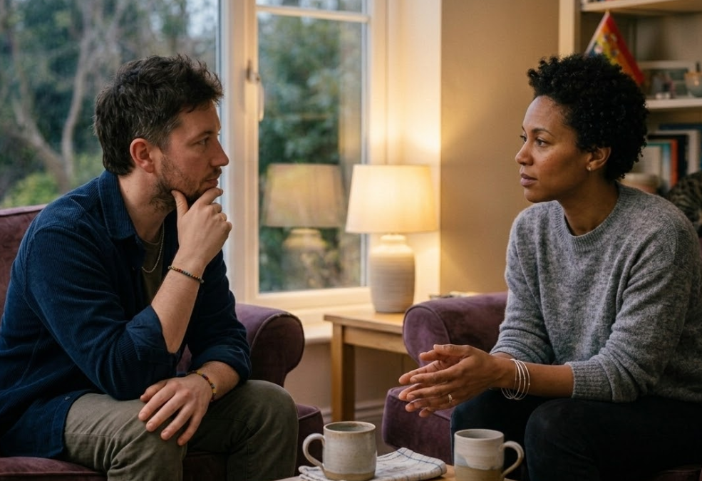 Two adults having an open conversation about anxiety and relationship concerns