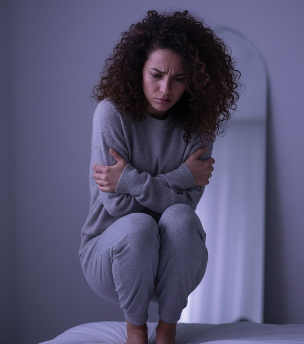 A person sitting on the edge of a bed, looking downward with a troubled expression, one hand clutching their chest and the other gripping the mattress, illustrating physical discomfort and anxiety.