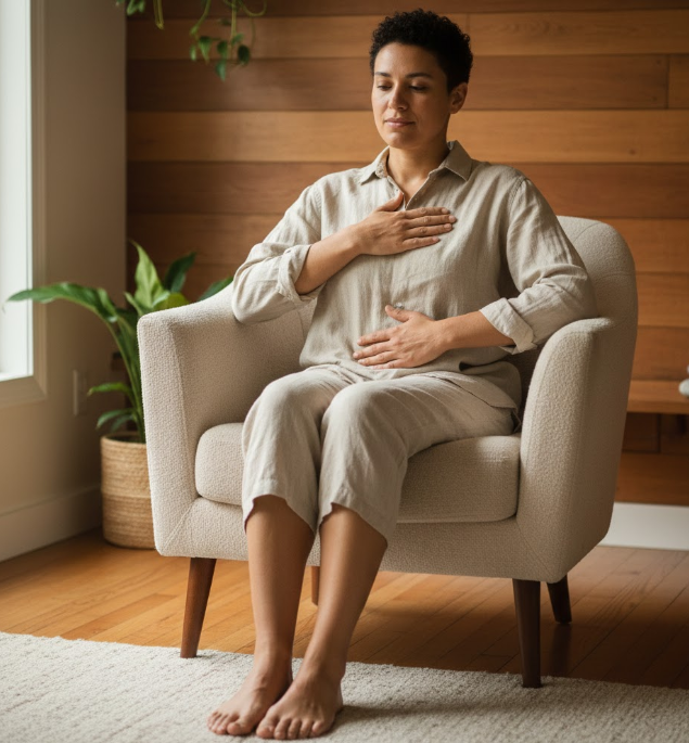 A queer adult seated comfortably with one hand on their chest and one on their abdomen, practicing somatic grounding to support nervous system regulation and emotional integration.
