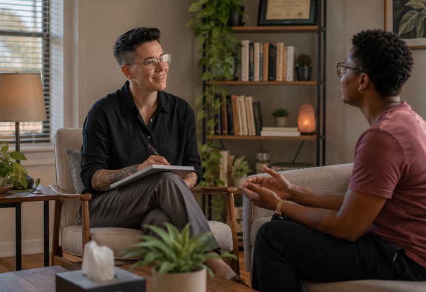 Therapist supporting an LGBTQIA+ adult in building self-trust and understanding relationship concerns.