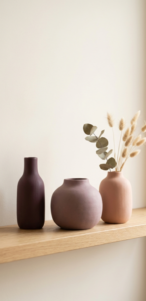 Minimalist ceramic vases in soft mauve and blush tones on a wooden shelf, representing calm and balance in people-pleasing and boundaries therapy