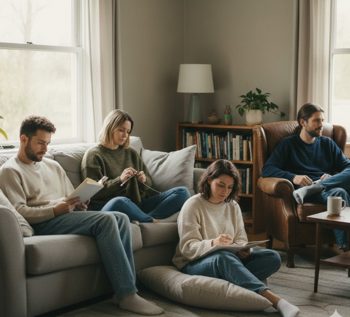 A small group of people sharing space in a quiet setting, with a steady and connective atmosphere.