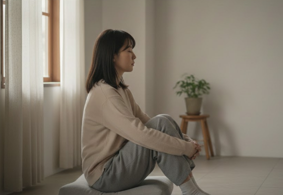 A person seated indoors in side light, looking downward in a quiet and neutral setting.