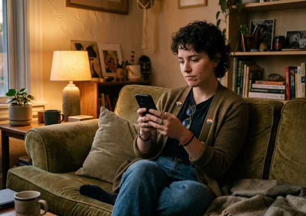 LGBTQIA+ adult experiencing relationship anxiety while waiting for a text response.