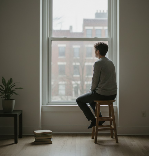 A person sitting quietly near a window, looking outward, with soft natural light creating a reflective atmosphere.