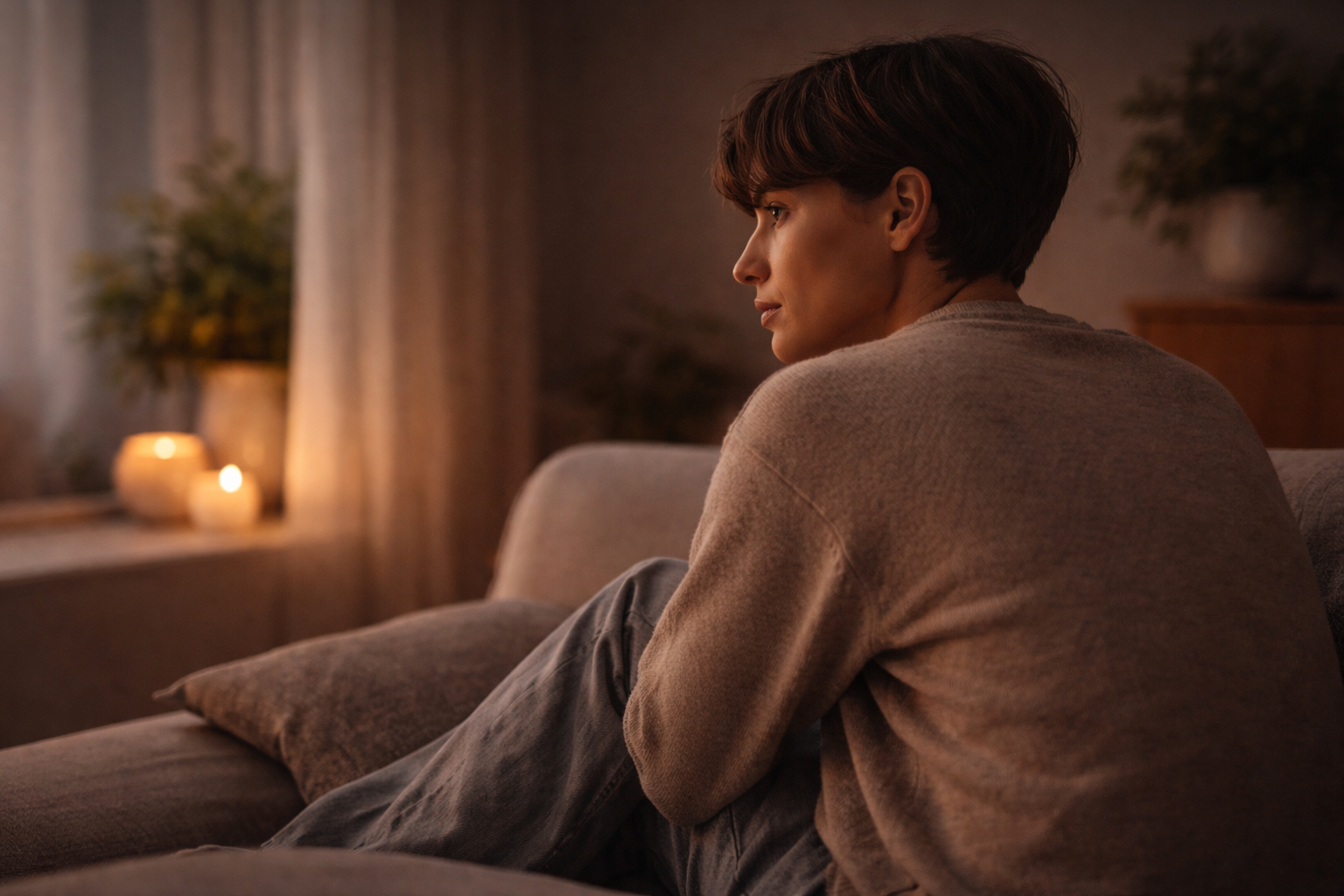 A person sitting tensely on a couch in a softly lit room at dusk, looking alert and watchful despite the calm environment, reflecting a nervous system that remains on guard.