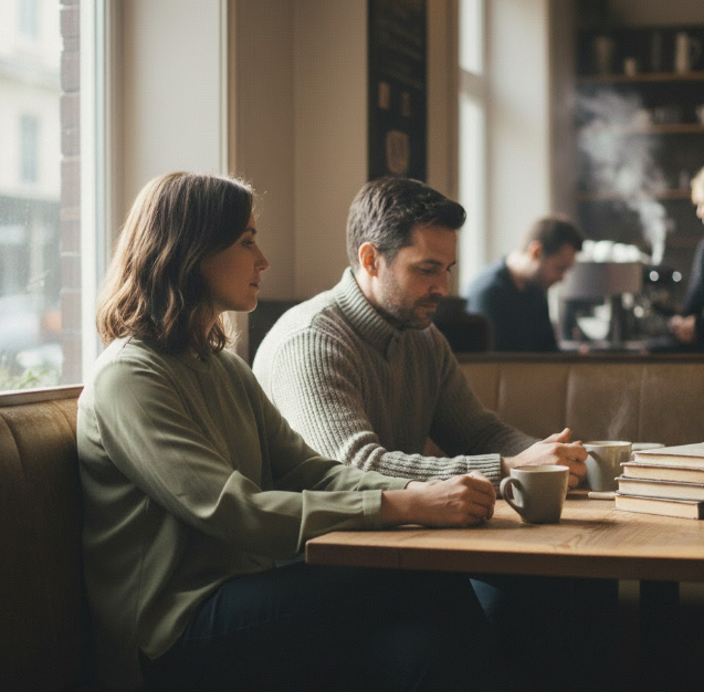 Two people sitting together in a quiet setting, sharing space in a calm and supportive way.