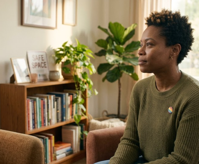 LGBTQIA+ adult participating in a calm Brainspotting session.