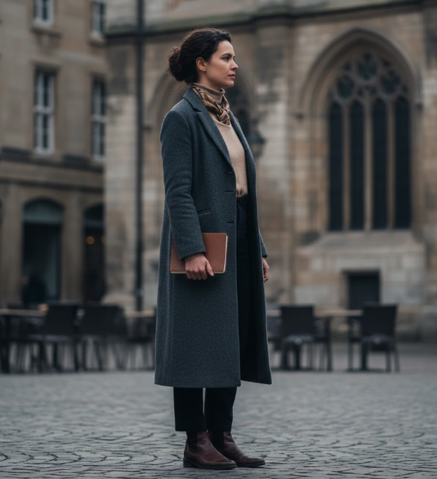 A person shown in profile or from behind in a public space with a steady and grounded atmosphere.