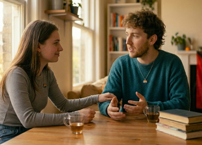 Couple discussing emotional needs in a safe and supportive relationship