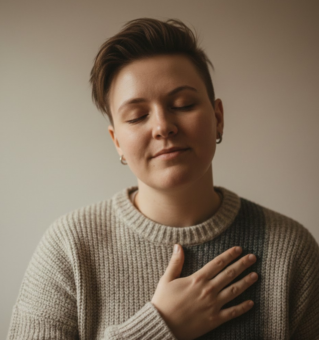 Close-up of person practicing deep breathing to regulate anxiety and calm their nervous system.