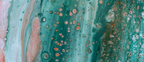 Abstract fluid artwork with teal, coral, cream, and soft blue swirls