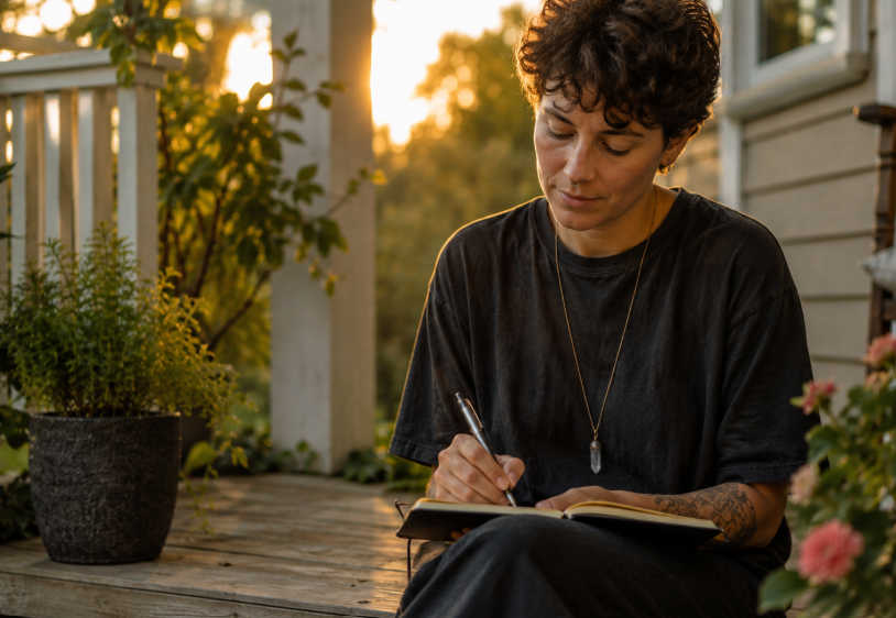 LGBTQIA+ adult journaling to better understand relationship anxiety and build self-trust.