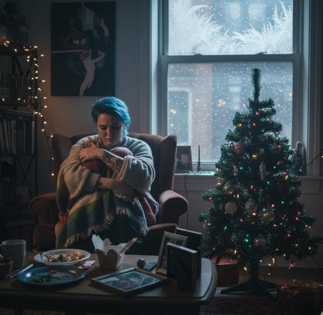 A person with blue hair sitting alone in a dimly lit living room during the holidays, wrapped in a blanket near a Christmas tree, appearing sad or reflective.