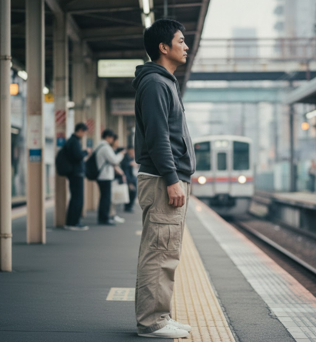 A person shown in profile in a public setting with a neutral posture and muted tones.
