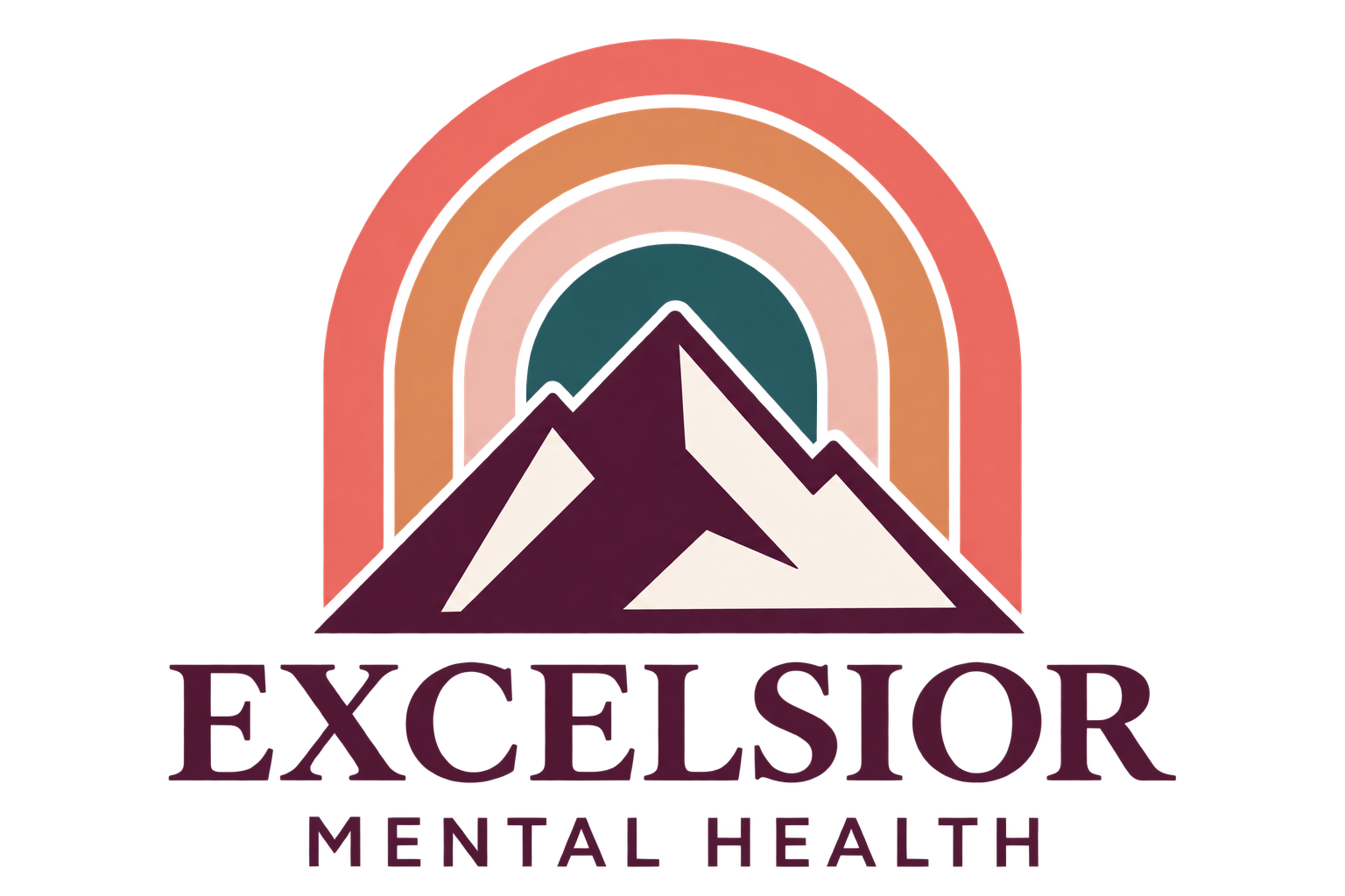 Excelsior Mental Health logo featuring plum mountains beneath a muted rainbow in salmon, burnt orange, blush pink, and deep teal.