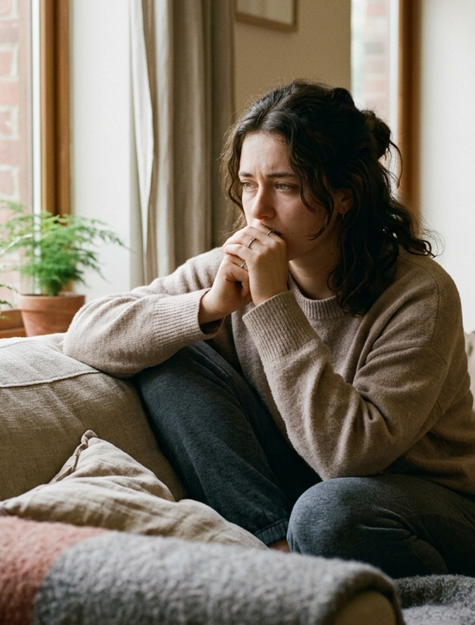 Person sitting alone looking overwhelmed and deep in thought, representing anxiety and overthinking in relationships.