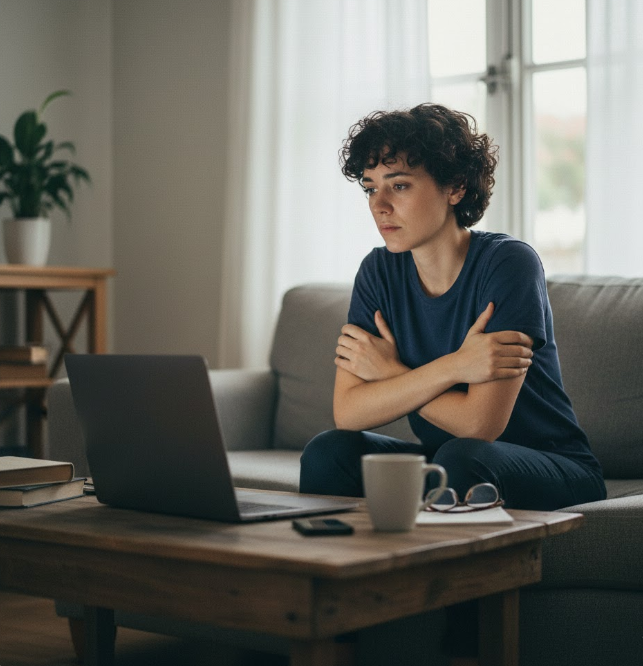 A person seated indoors, looking away from a screen with a neutral expression and everyday surroundings.