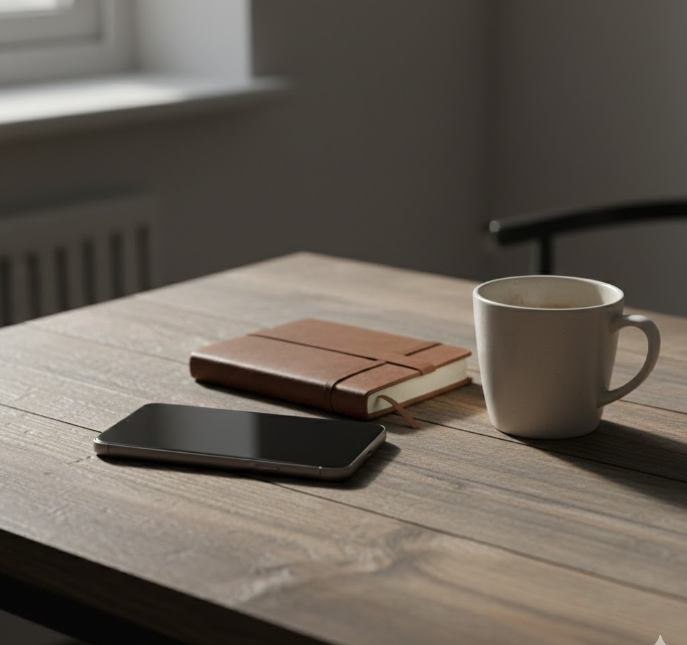 A phone resting on a table beside everyday objects in a softly lit, quiet setting.