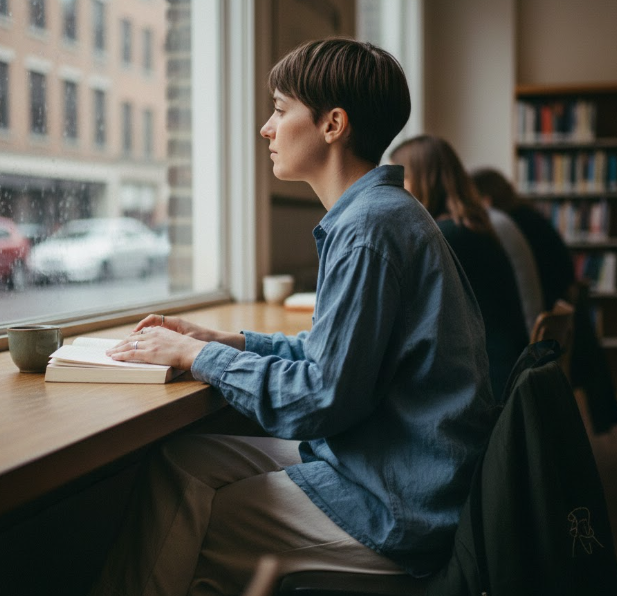 A person sitting in a public space, shown in profile or from behind, with a steady and reflective atmosphere.