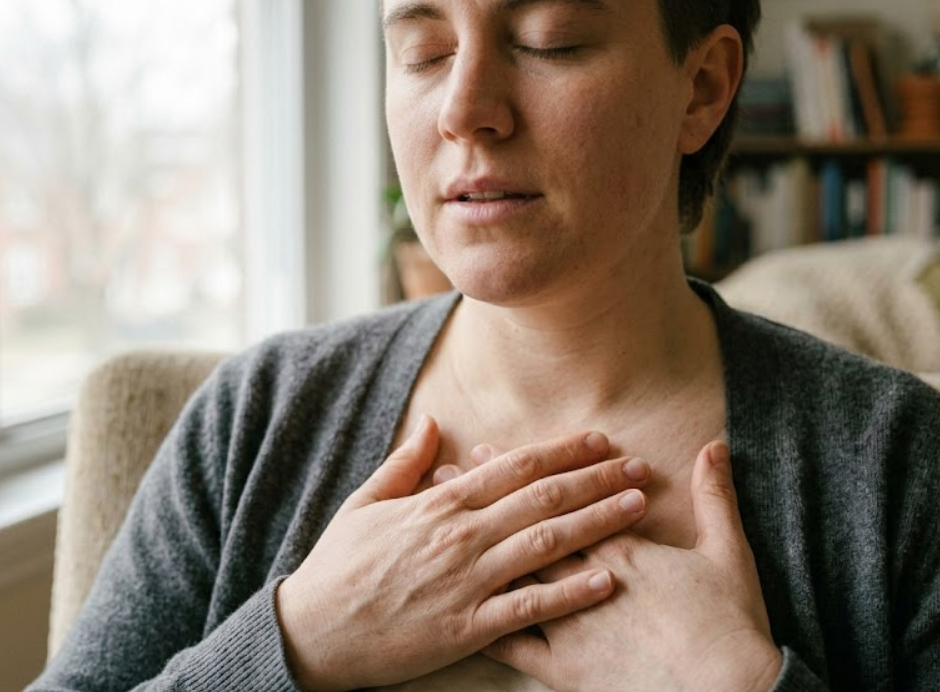 Person practicing grounding breathing to calm anxiety after setting a boundary