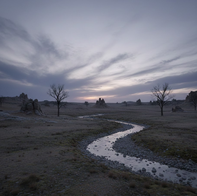 A quiet environment with subdued light and sparse surroundings, creating a still and heavy atmosphere.