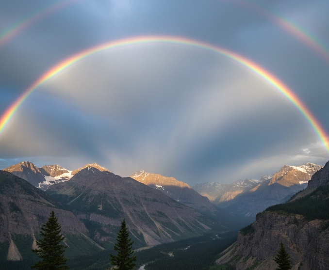 A wide scenic landscape view dominated by a vast blue sky featuring a prominent, vibrant rainbow arching over a jagged, distant mountain range. The lower part of the frame shows minimal greenery or trees.