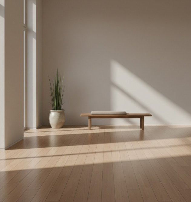 A quiet interior space with minimal objects and soft natural light, creating an open and still atmosphere.