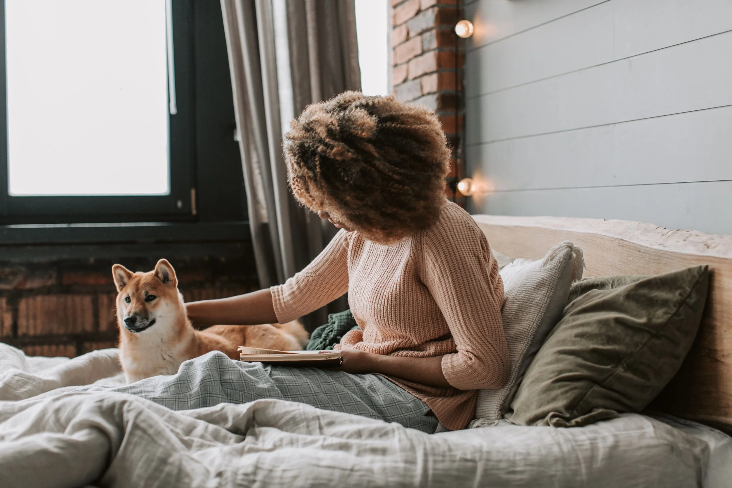 Person sitting comfortably on a bed, petting a dog while enjoying a quiet moment at home.