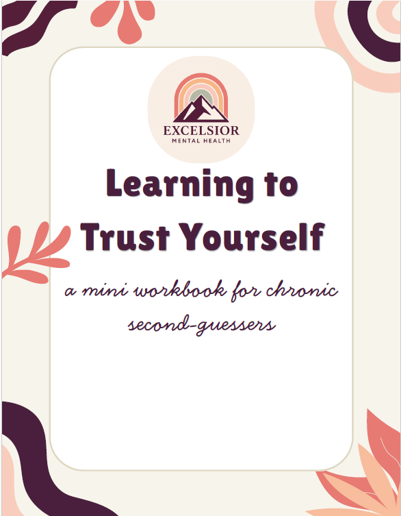 Cover page of a workbook titled 'Learning to Trust Yourself', with a logo of mountains and a rainbow, and decorative floral elements.