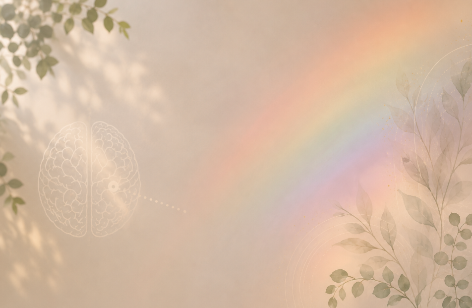 Soft botanical background with subtle rainbow light symbolizing Brainspotting therapy, nervous system healing, emotional growth, and LGBTQIA+ affirming mental health care.