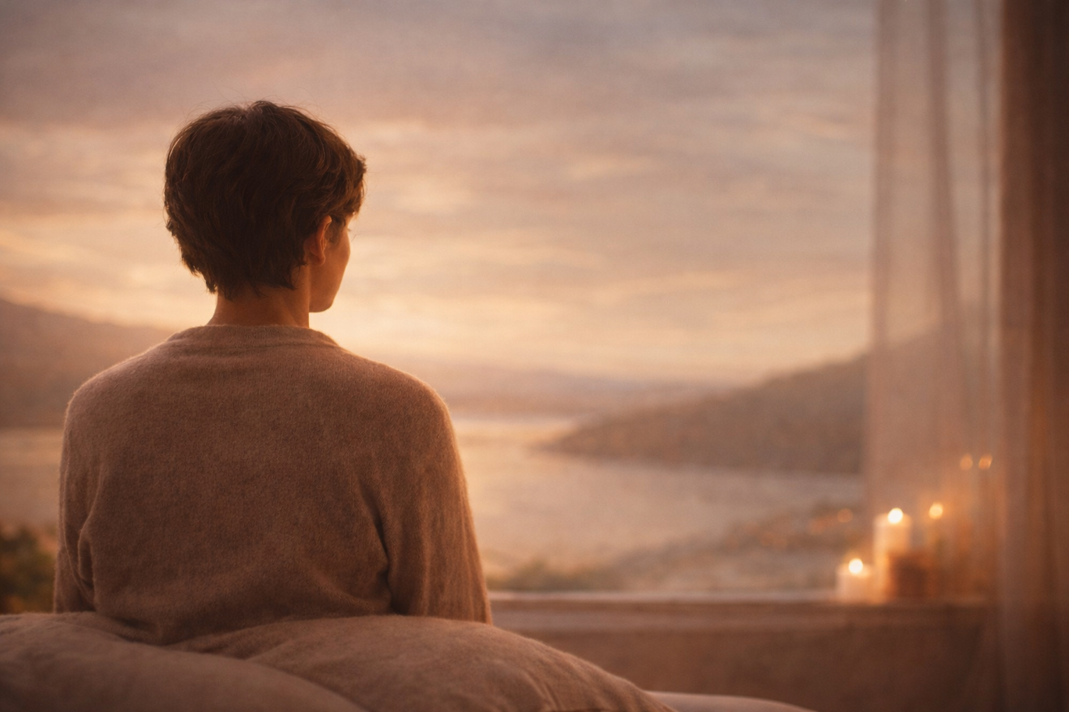 A person sitting quietly by a window at sunset, looking out over a calm landscape, conveying rest that feels tentative and emotionally complex rather than fully relaxed.