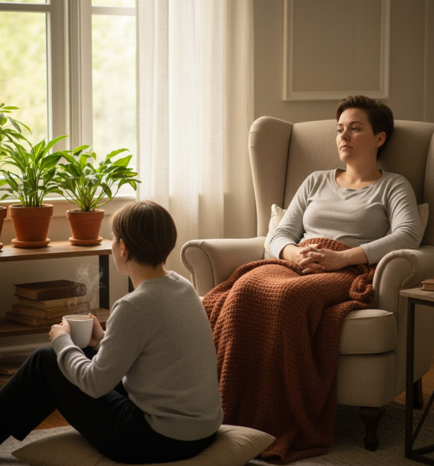 Two people in a calm, supportive setting, one seated in a chair wrapped in a blanket while the other sits nearby holding a cup, illustrating relational support and nervous system safety.