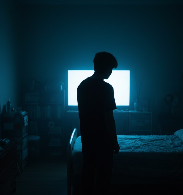 A person standing still in a dimly lit room with a glowing screen visible in the background.