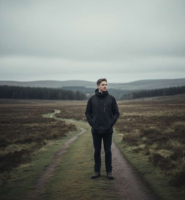 A person standing outdoors, paused and looking into the distance under overcast light.