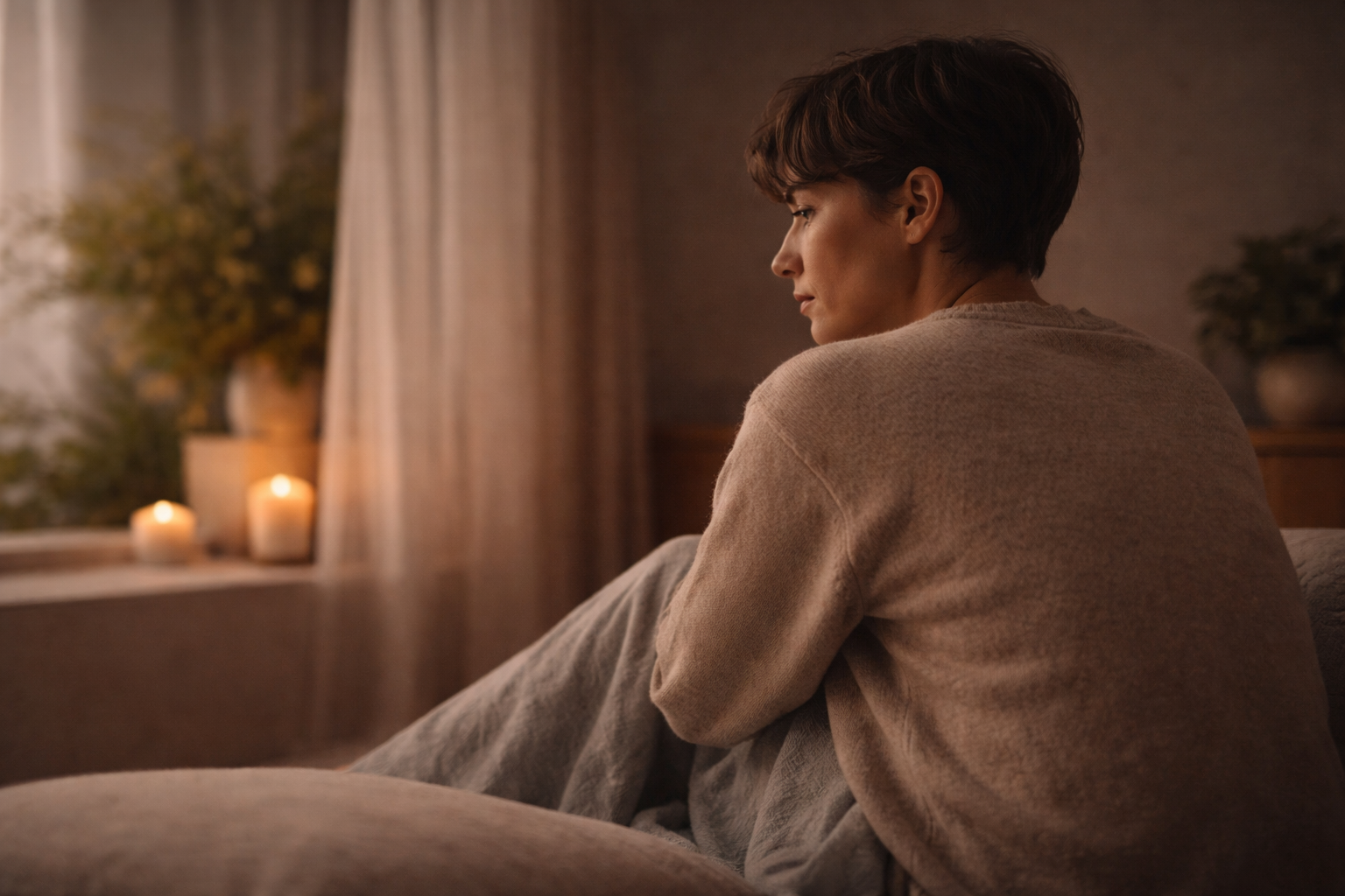 A person sitting upright on a couch wrapped in a blanket, appearing awake and present in a calm, dimly lit room, illustrating rest that is conscious and regulated rather than collapsed.