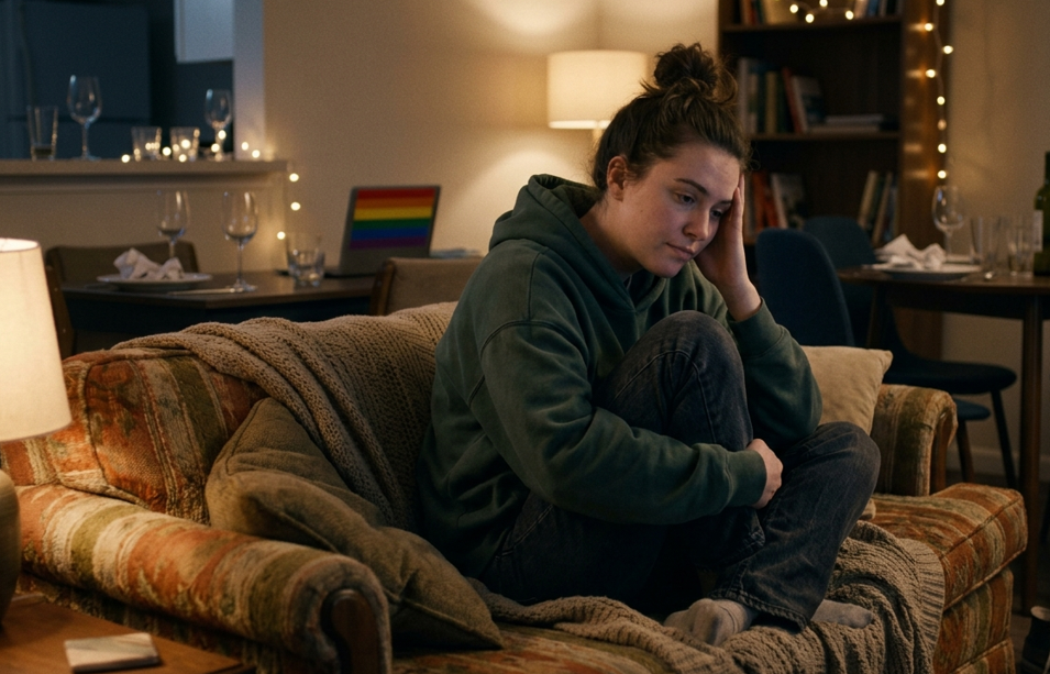 Person sitting alone on a couch appearing exhausted after socializing, representing social exhaustion, masking, and nervous system fatigue