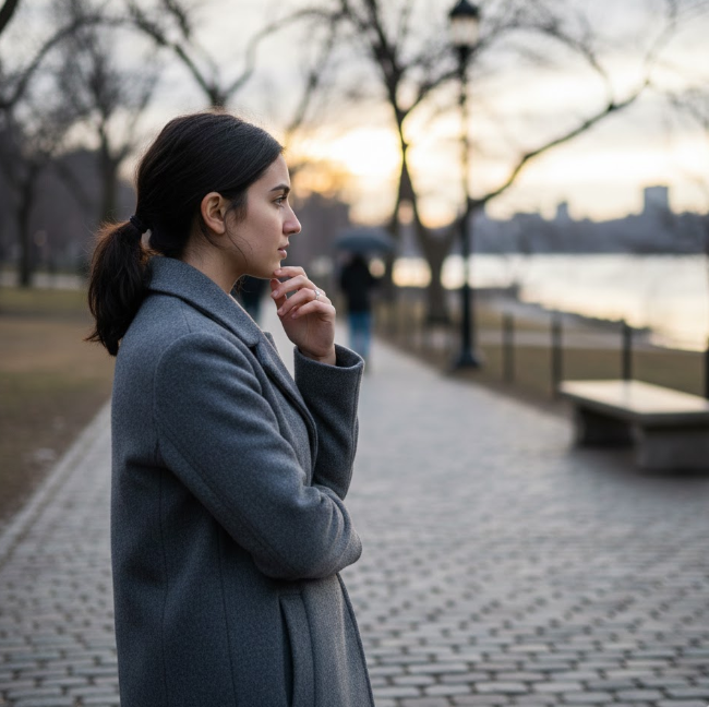 A person shown in profile or from behind in a public space with a grounded and thoughtful mood.