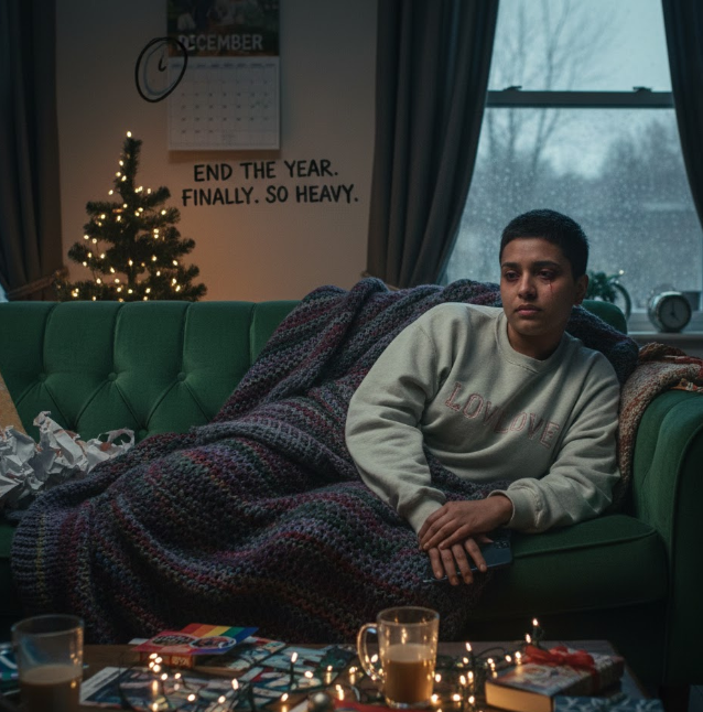 Queer person experiencing holiday burnout fatigue in December, sitting tiredly amidst Christmas lights and wrapping, with a calendar marking the end of the holiday season.