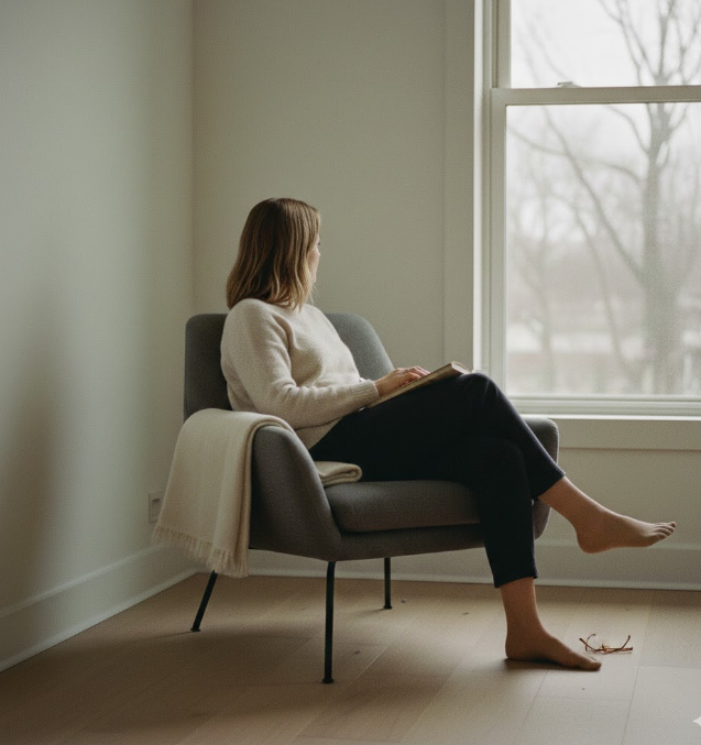 A person seated indoors near a window, looking outward in soft natural light.
