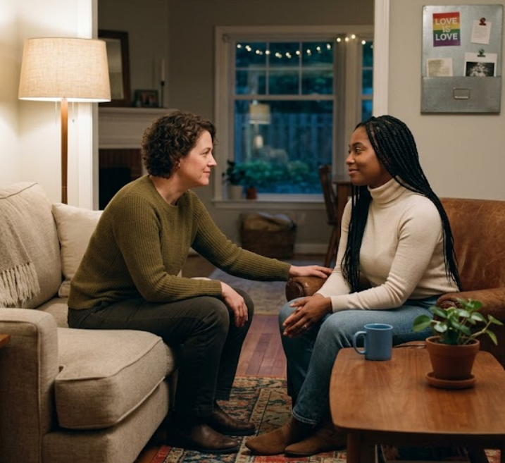 Two people navigating disagreement calmly in a relationship, representing emotional safety and healthy communication