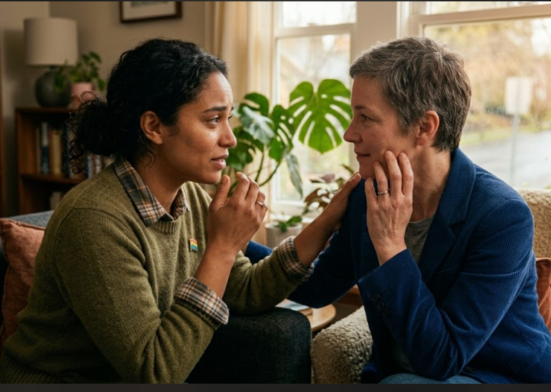 Person expressing emotions openly in a safe and supportive relationship
