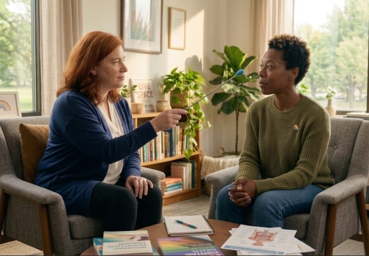 LGBTQIA+ adult learning about Brainspotting with a therapist in a warm, welcoming therapy office.