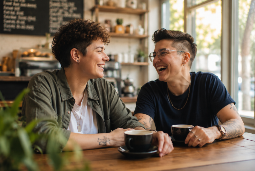 Two LGBTQIA+ friends enjoying an authentic conversation that shows healthy relationships don't require perfection.