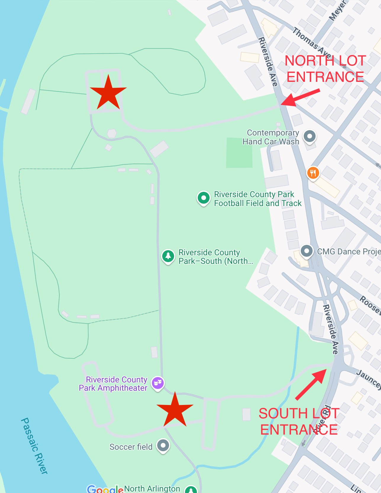 Map of Riverside County Park showing two designated star locations, one at the north entrance and one at the south entrance, with parks, facilities, and streets labeled.